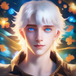 A white-haired 16-year-old guy with blue eyes glowing in the dark