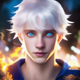 A white-haired 16-year-old guy with blue eyes glowing in the dark