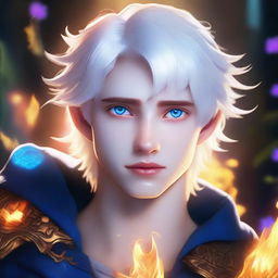 A white-haired 16-year-old guy with blue eyes glowing in the dark