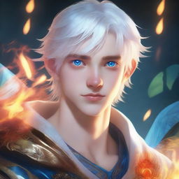 A white-haired 16-year-old guy with blue eyes glowing in the dark