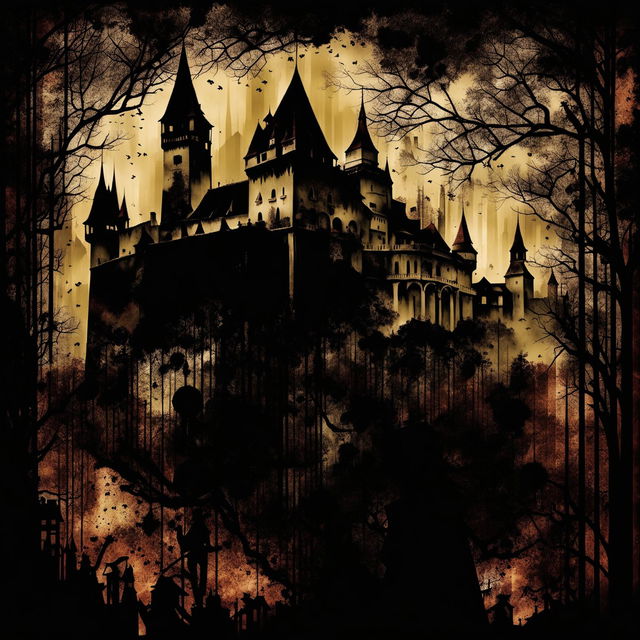 A dark vintage abstract illustration of Transylvania, featuring gothic castles, misty forests, and shadowy figures, set against a textured and mysterious background