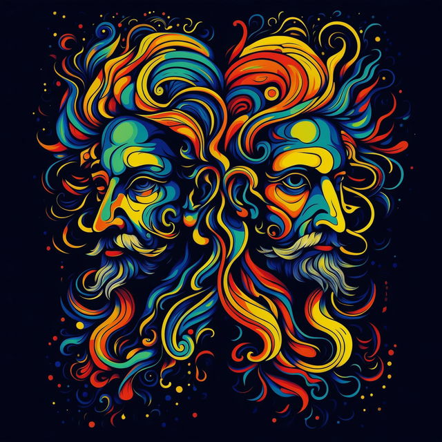 An abstract illustration of Janus, the two-headed Roman god, featuring rich colors and swirling patterns that highlight the duality and timeless nature of the deity