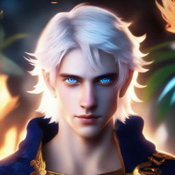 A white-haired 16-year-old guy with blue eyes glowing in the dark, glaring at the camera