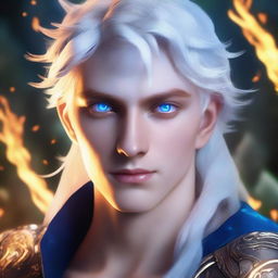 A white-haired 16-year-old guy with blue eyes glowing in the dark, glaring at the camera