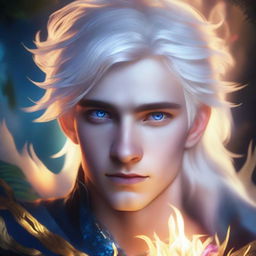 A white-haired 16-year-old guy with blue eyes glowing in the dark, glaring at the camera