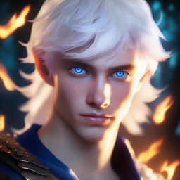 A white-haired 16-year-old guy with blue eyes glowing in the dark, glaring at the camera