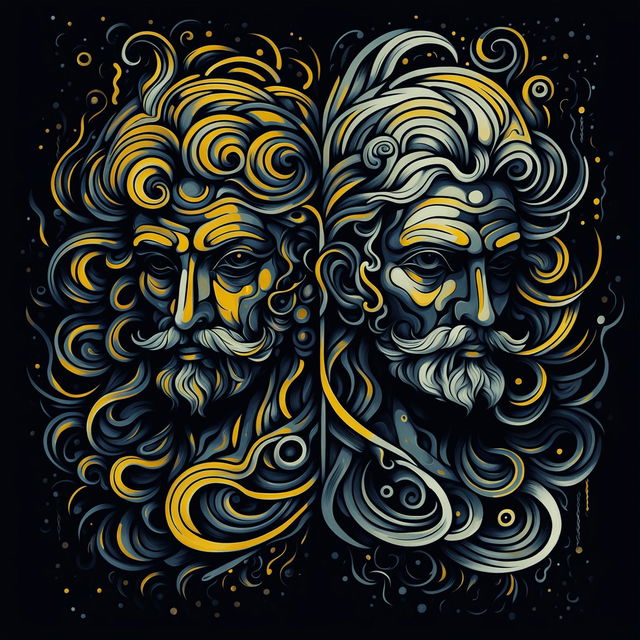 A dark abstract illustration of Janus, the two-headed Roman god, featuring deep blacks, grays, and muted tones with swirling patterns that highlight the duality and timeless nature of the deity