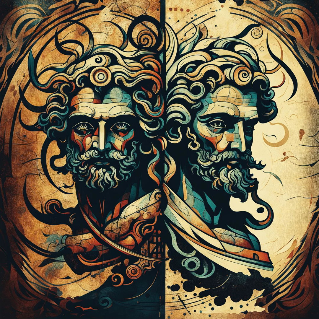 A vintage-style abstract illustration of Janus, the two-headed Roman god, featuring muted colors, textured details, and swirling patterns that symbolize duality and the passage of time