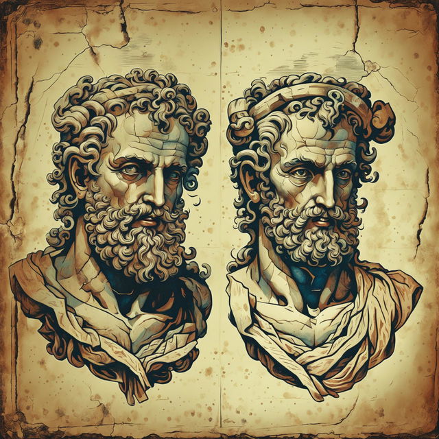 A vintage illustration of Janus, the two-headed Roman god, featuring intricate details, traditional Roman attire, and a background with Roman architectural elements in a muted earth tone palette