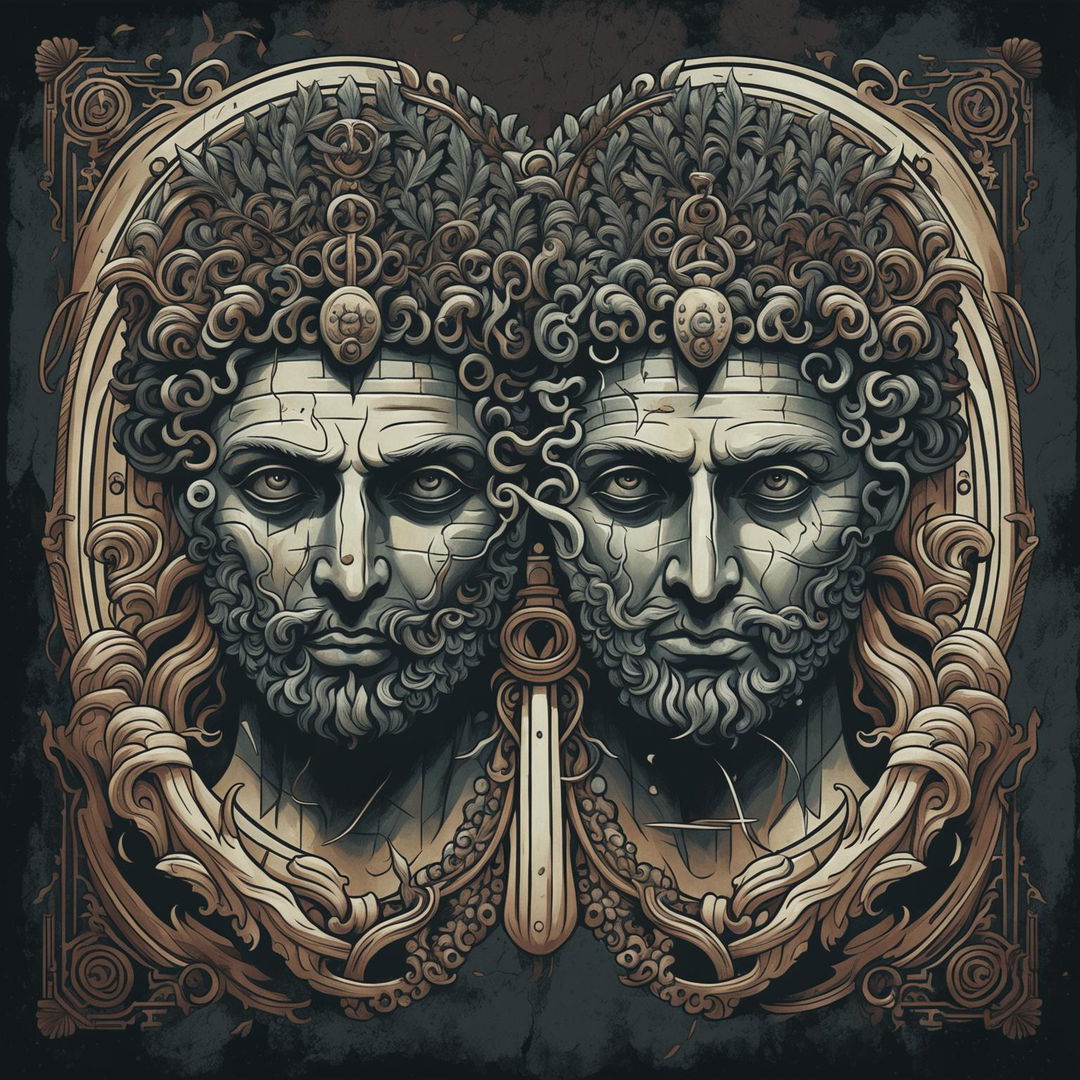 A dark vintage illustration of Janus, the two-headed Roman God, with one serene and one stern face, adorned with laurel wreaths, set against a background of ornate patterns and ancient Roman architecture