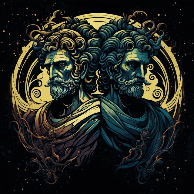 A dark and evocative illustration of Janus, the two-headed Roman God, featuring dramatic lighting, ancient Roman attire, and abstract patterns representing time and duality