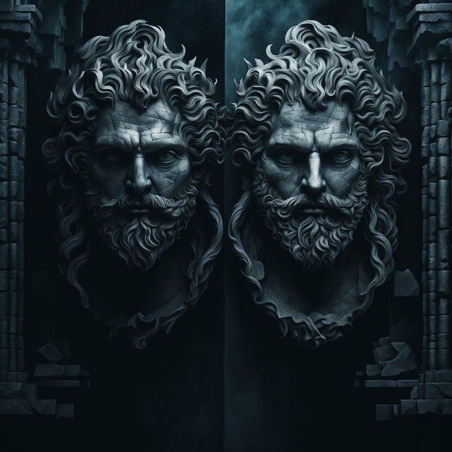 A dark, powerful depiction of Janus, the two-headed Roman God, with two faces looking in opposite directions, set against a minimalistic, atmospheric background with ancient Roman elements