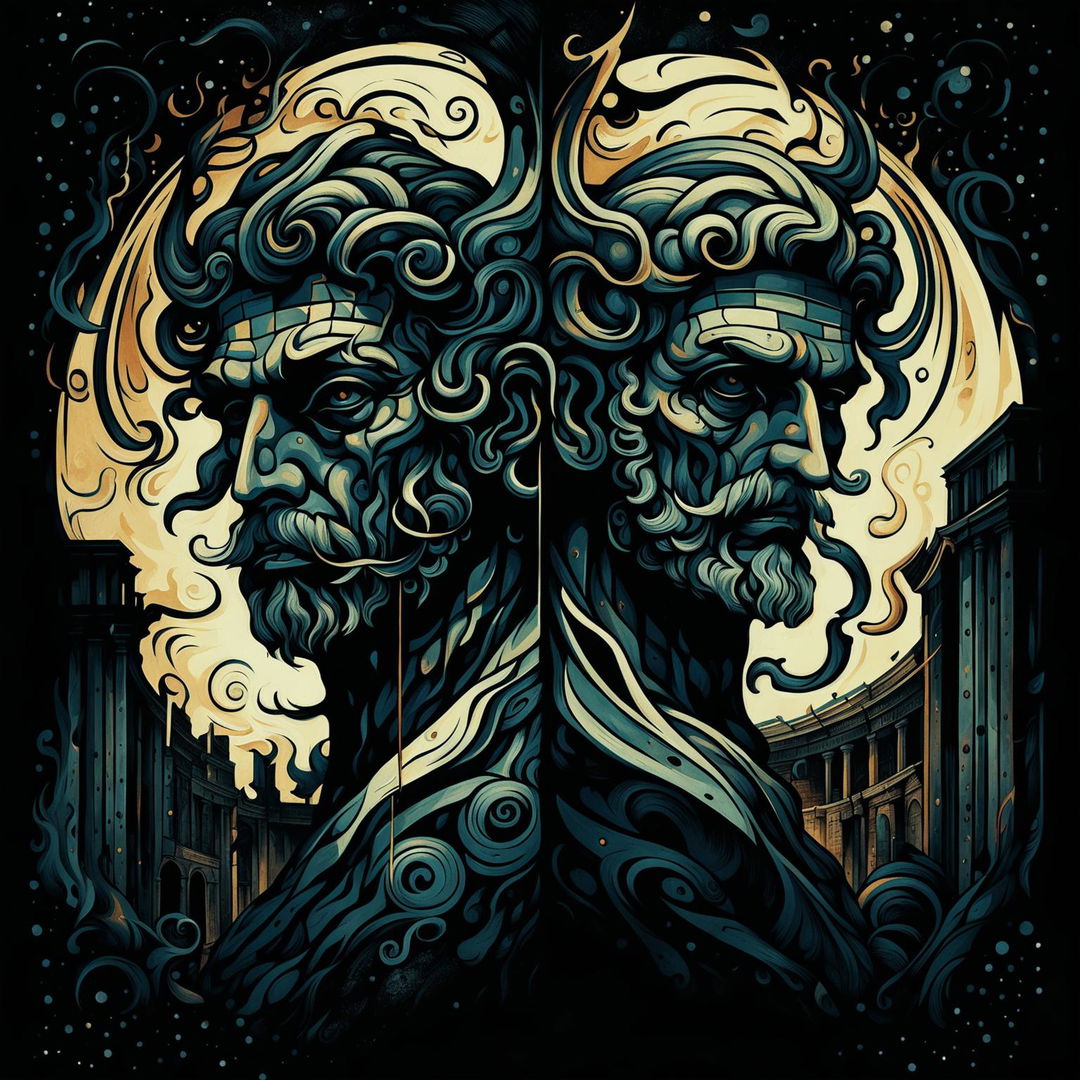 A dark abstract illustration of Janus, the two-headed Roman God, featuring his dual faces, ancient Roman architecture, and a somber, mysterious atmosphere