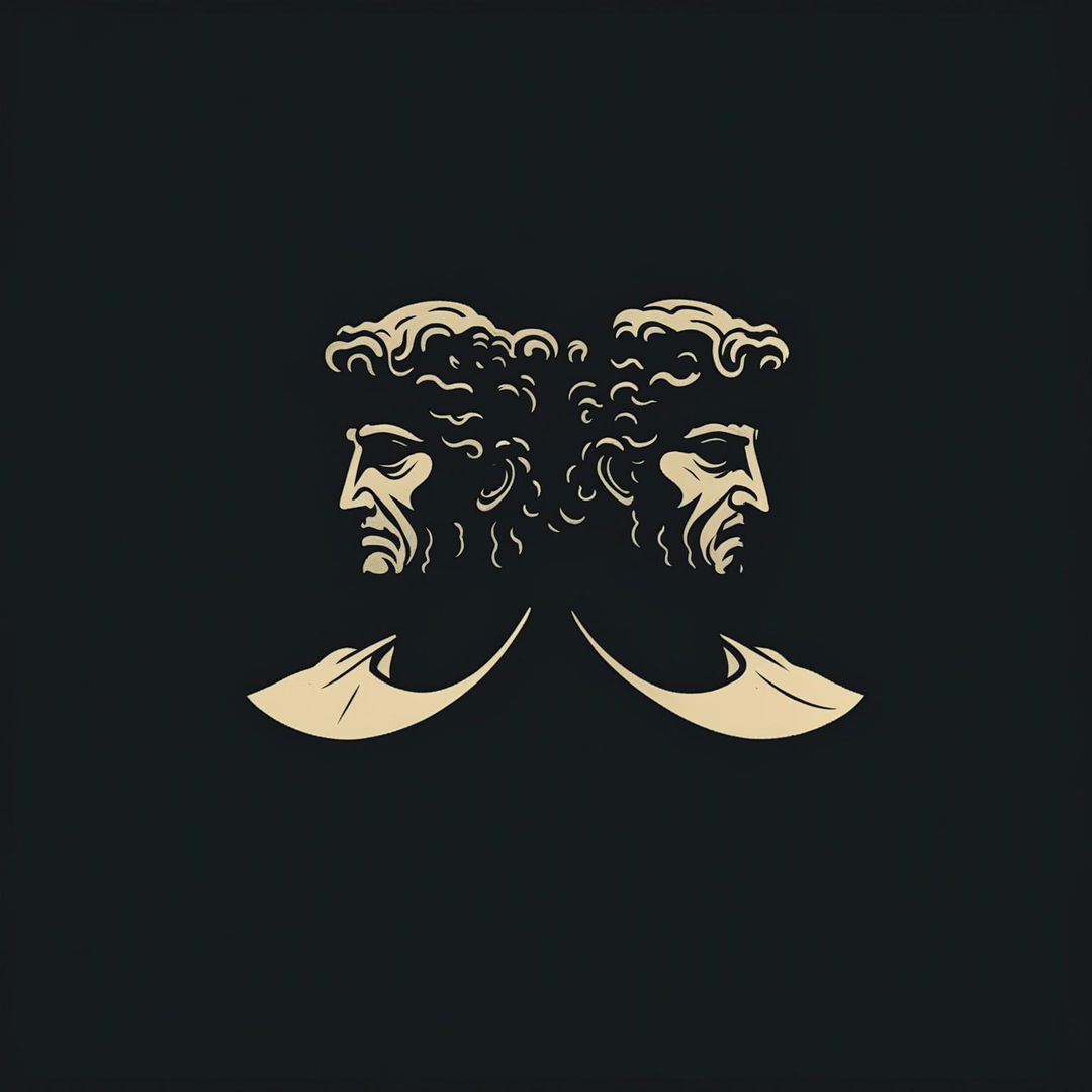 A dark and simple illustration of Janus, the two-headed Roman god, featuring minimalist design, stark contrasts, and a somber mood