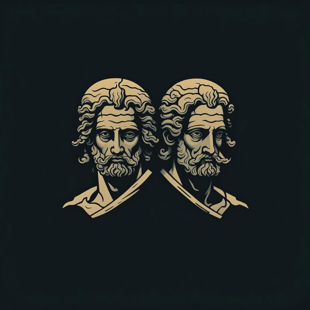 A minimalist dark illustration of Janus, the two-headed Roman god, with one head looking forward and the other backward