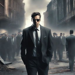 An evil man in a suit with cool glasses walks among people in a destructive dystopian future