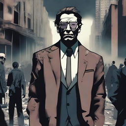 An evil man in a suit with cool glasses walks among people in a destructive dystopian future