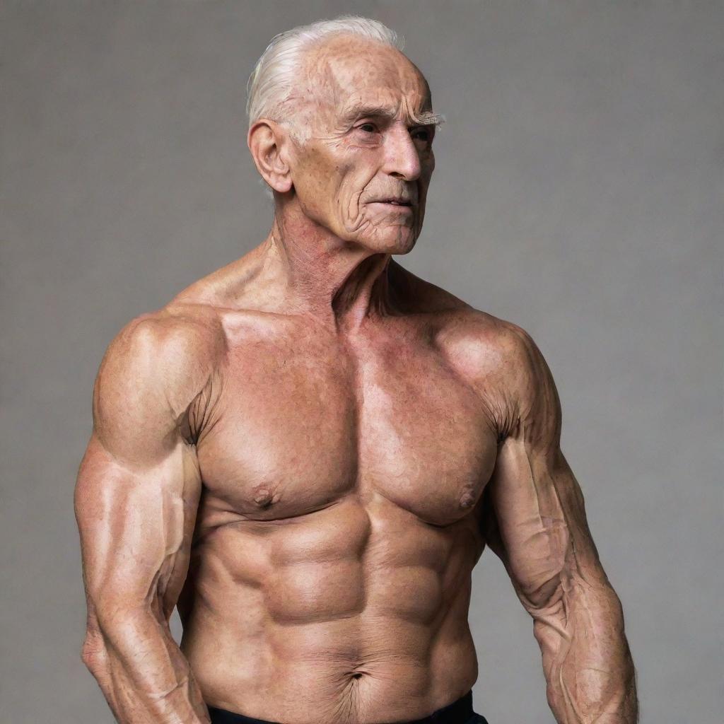 A 100-year-old man with a muscular body builder physique, viewed from a side angle.