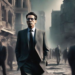 An evil man in a suit with cool glasses walks among people in a destructive dystopian future