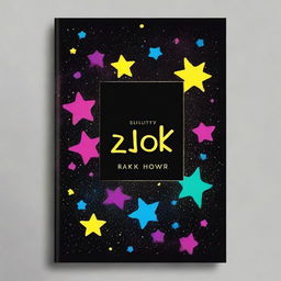 Create a book cover with a solid black background featuring specks that resemble stars