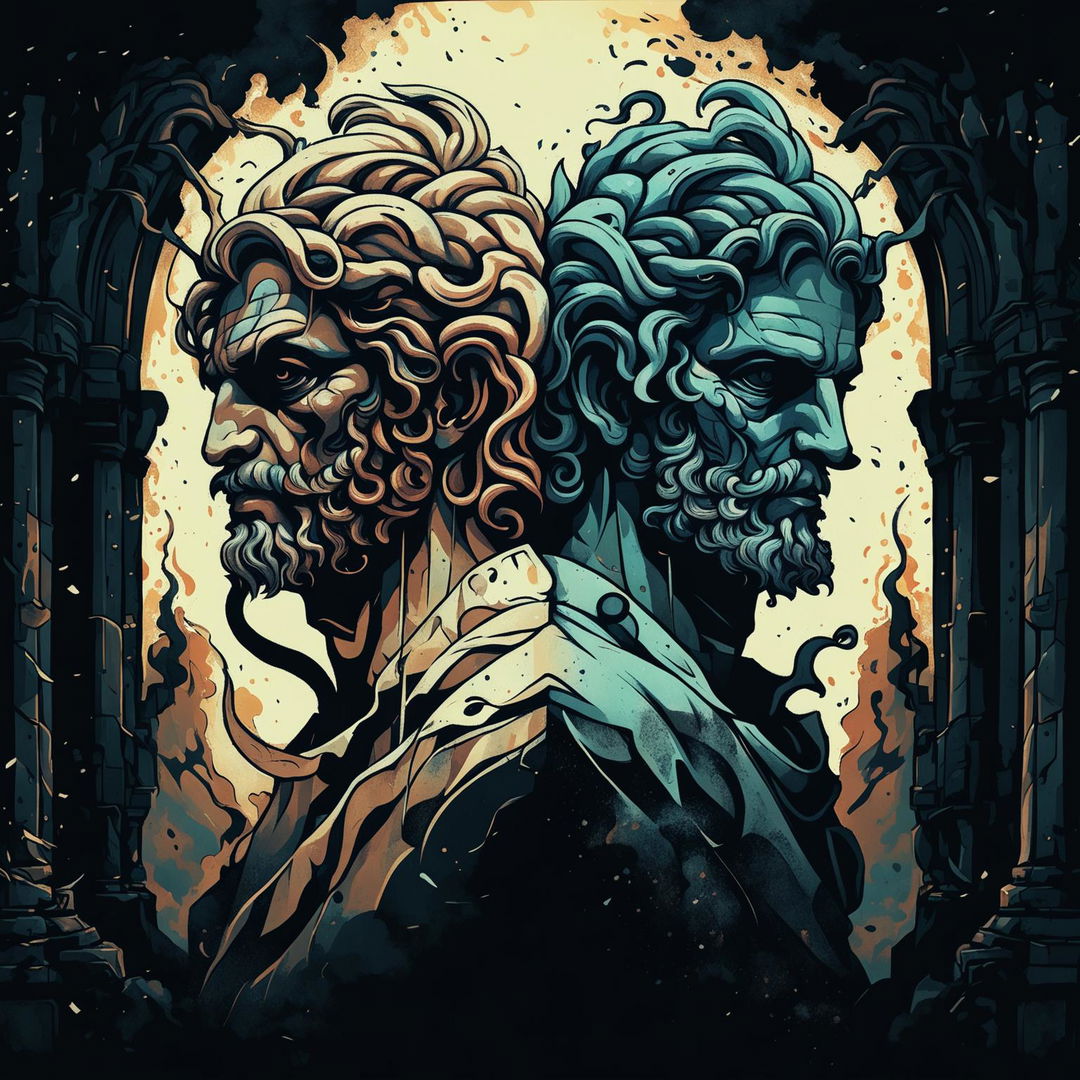 A dark and atmospheric illustration of Janus, the two-headed Roman god, with both heads facing opposite directions