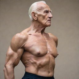 A 100-year-old man with a muscular body builder physique, viewed from a side angle.