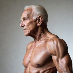 A 100-year-old man with a muscular body builder physique, viewed from a side angle.