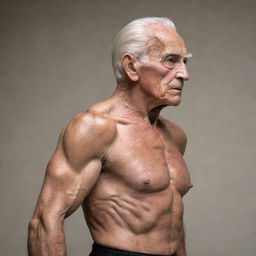 A 100-year-old man with a muscular body builder physique, viewed from a side angle.