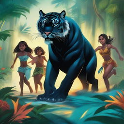 A group of teenage boys and girls running away from a tropical forest while a black tiger chases them