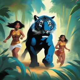 A group of teenage boys and girls running away from a tropical forest while a black tiger chases them