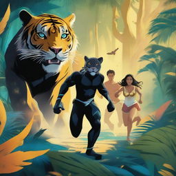 A group of teenage boys and girls running away from a tropical forest while a black tiger chases them