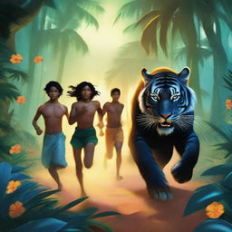 A group of teenage boys and girls running away from a tropical forest while a black tiger chases them