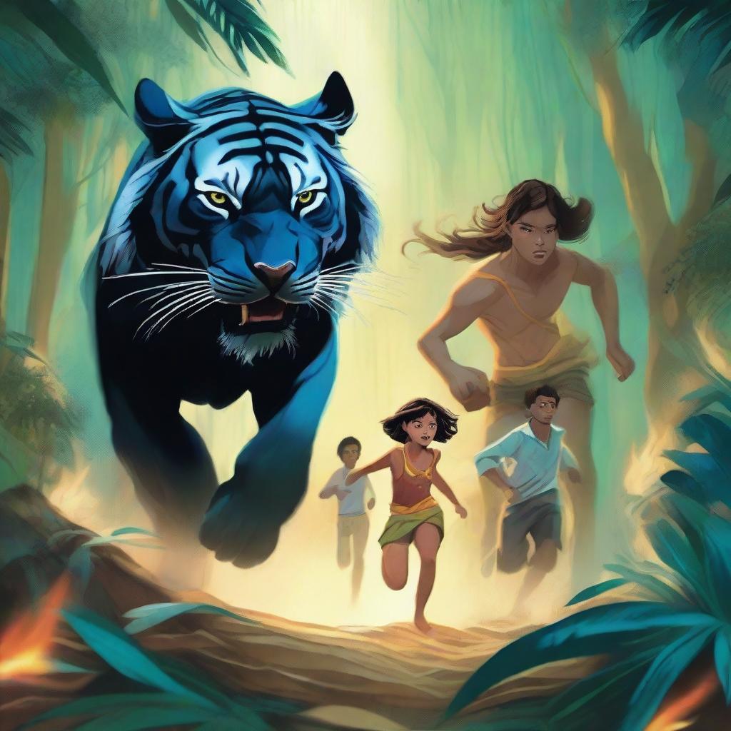 A group of teenage boys and girls running away from a tropical forest while a black tiger chases them