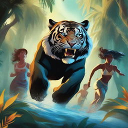 A group of teenage boys and girls running away from a tropical forest while a black tiger chases them