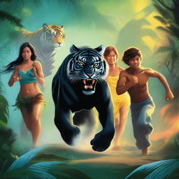 A group of teenage boys and girls running away from a tropical forest while a black tiger chases them