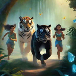 A group of teenage boys and girls running away from a tropical forest while a black tiger chases them