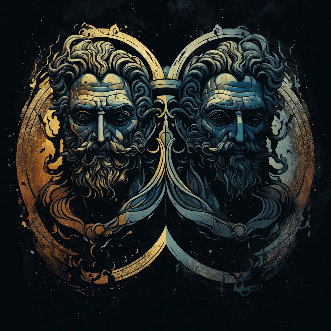 A dark and dramatic illustration of Janus, the two-headed Roman god, with two faces side by side looking in opposite directions, set against a shadowy and abstract background