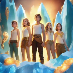 A group of teenage boys and girls standing with a mythical background featuring golden light