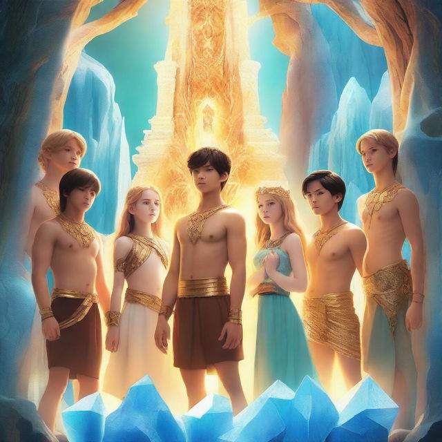 A group of teenage boys and girls standing with a mythical background featuring golden light