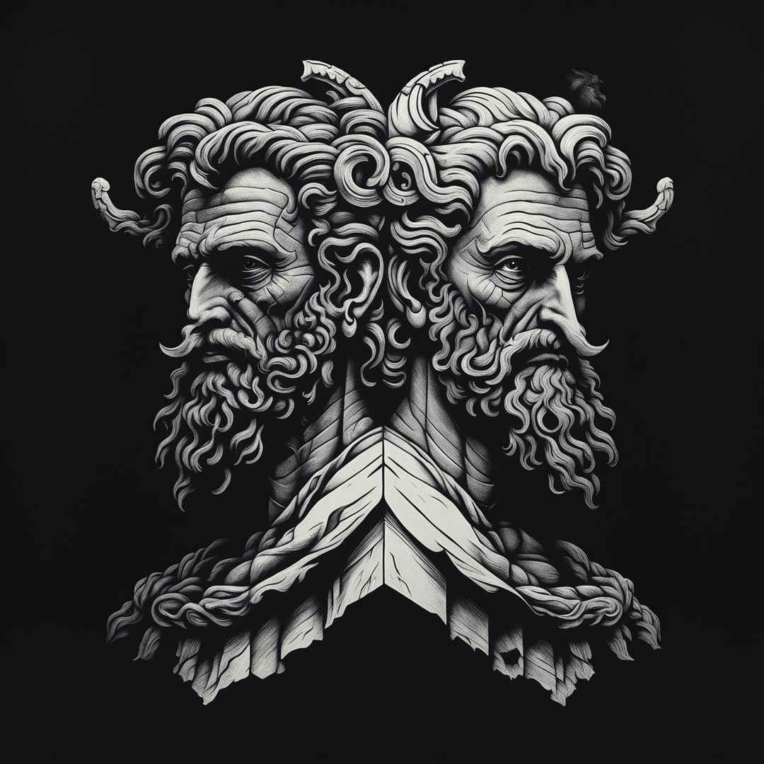 A dramatic black and white illustration of Janus, the two-headed Roman god, with two faces looking in opposite directions, set against a dark, minimalistic background