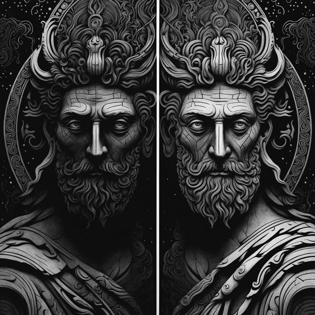 A black and white illustration of Janus, the two-headed Roman god, featuring abstract patterns and shapes with a dramatic interplay of light and shadow to highlight the duality and timeless nature of the deity