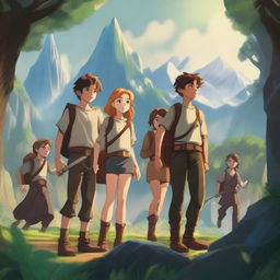 A group of teenage boys and girls embarking on a grand adventure in a fantasy world