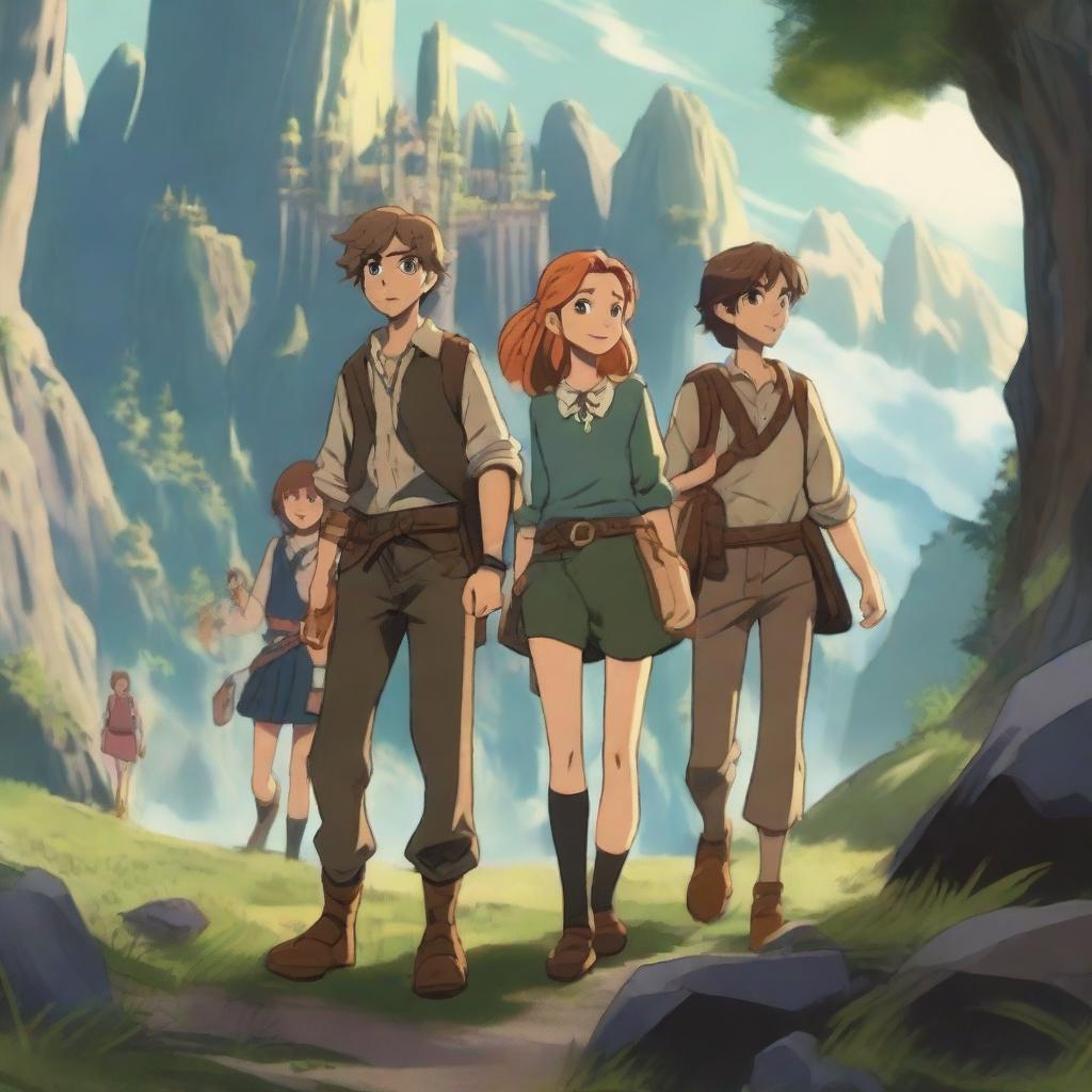 A group of teenage boys and girls embarking on a grand adventure in a fantasy world