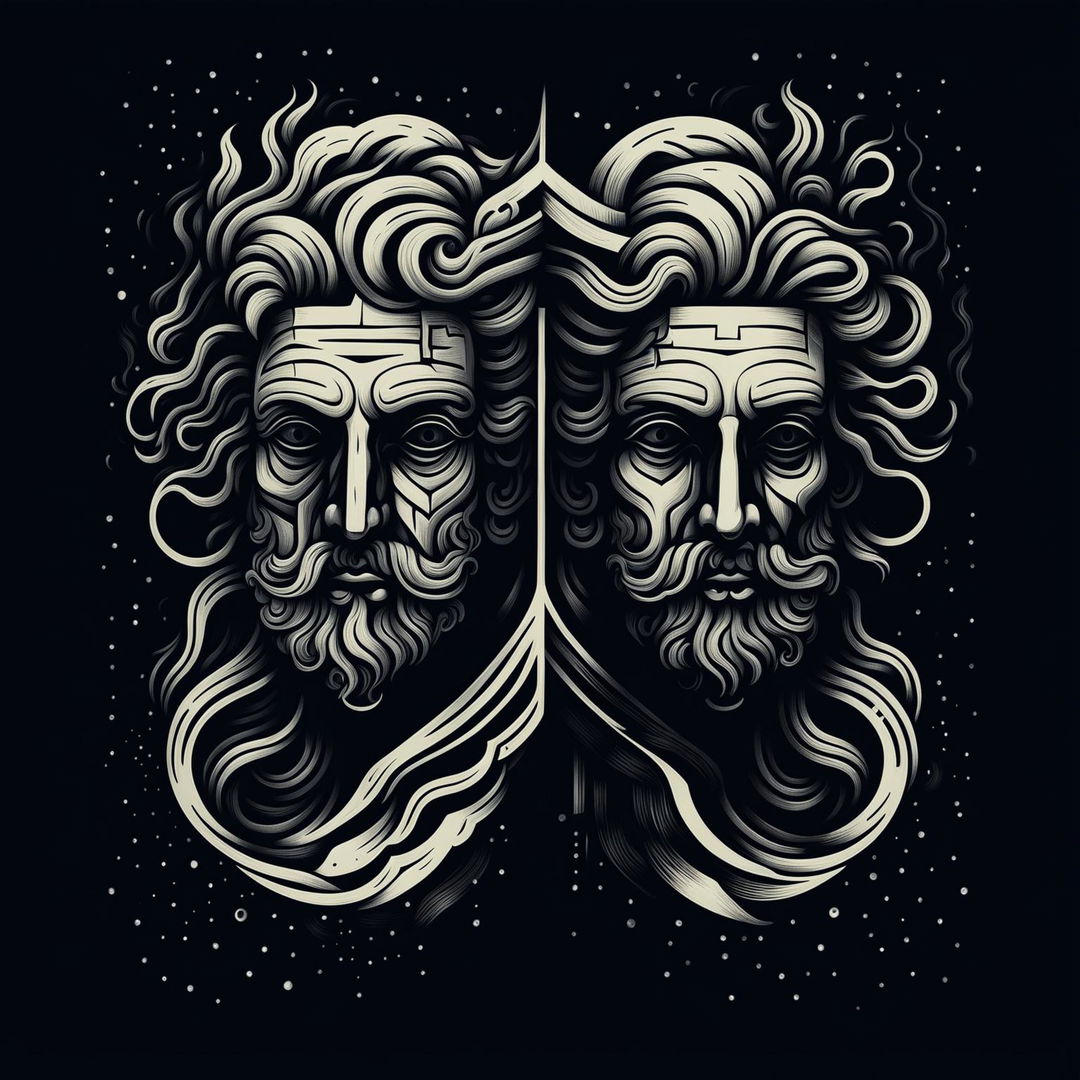 An abstract black and white illustration of Janus, the two-headed Roman god, with intricate faces and flowing lines, symbolizing duality and transitions