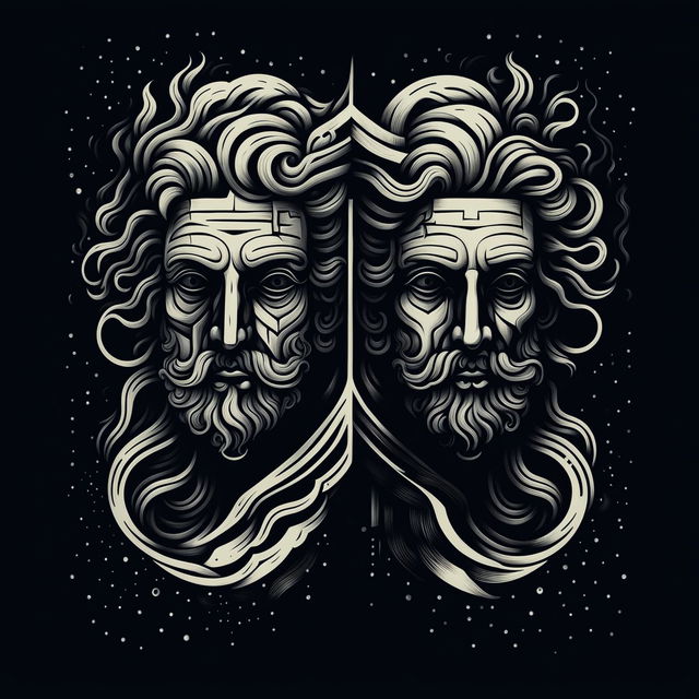 An abstract black and white illustration of Janus, the two-headed Roman god, with intricate faces and flowing lines, symbolizing duality and transitions