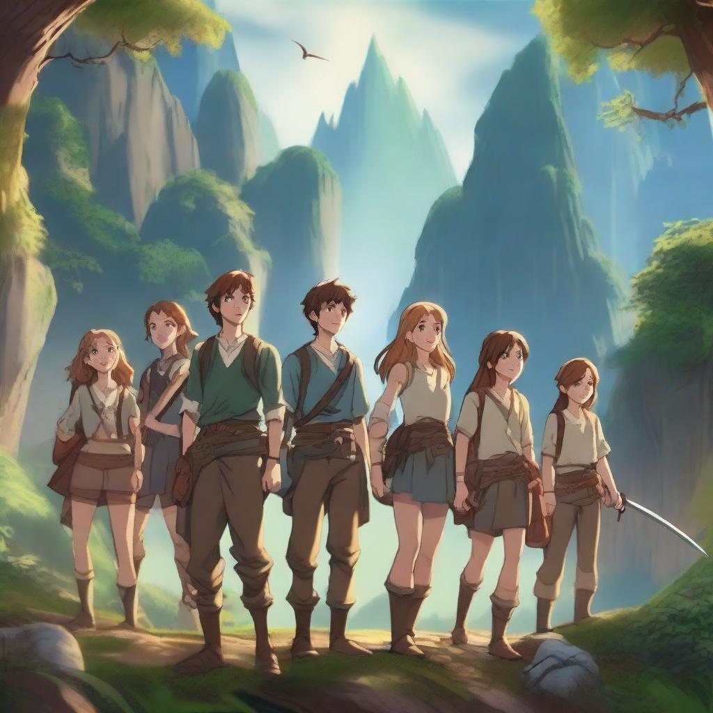 A group of teenage boys and girls embarking on a grand adventure in a fantasy world