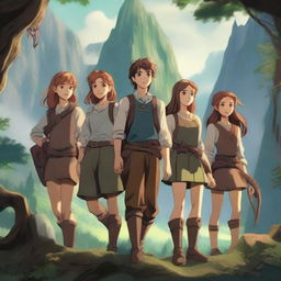 A group of teenage boys and girls embarking on a grand adventure in a fantasy world