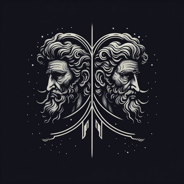 A modern black and white illustration of Janus, the two-headed Roman god, with each head facing opposite directions, set against a minimalist and abstract background