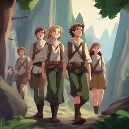 An HD illustration of a group of teenage boys and girls embarking on a grand adventure in a fantasy world