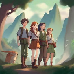 An HD illustration of a group of teenage boys and girls embarking on a grand adventure in a fantasy world